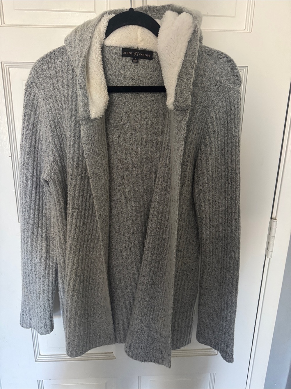 Almost Famous Gray Ribbed Open-Front Cardigan with Sherpa Hood